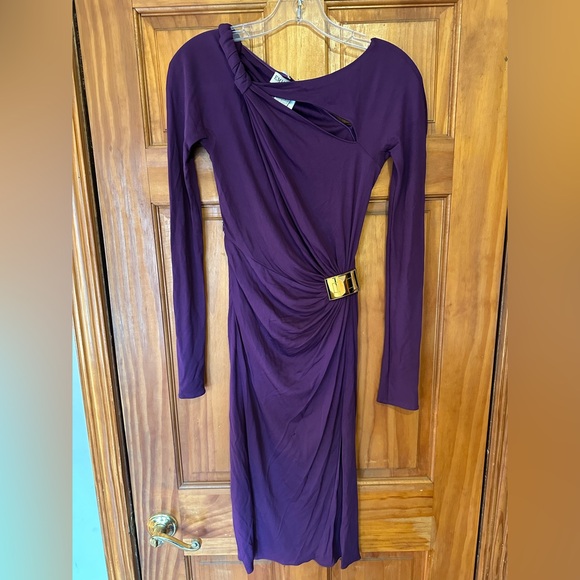 Emilio Pucci Women's 4 Purple Long Sleeve Cut Out Sheath Dress Gold Buckle  Italy